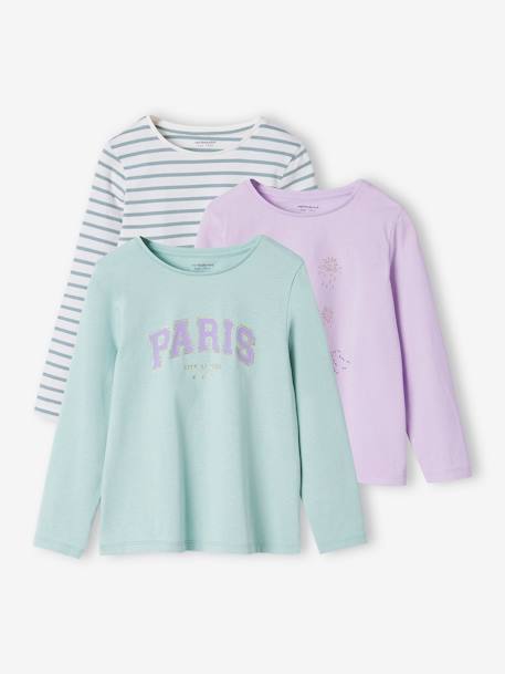 Lot de 3 t-shirts Basics fille manches longues bleu grisé+lot blanc+marine+vert amande 1 - vertbaudet enfant 