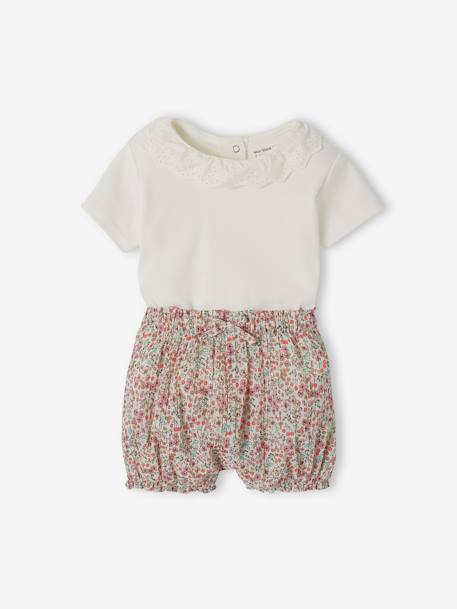 Ensemble T-shirt avec col et short fleuri naissance écru 3 - vertbaudet enfant 