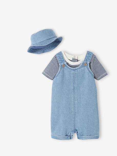 Ensemble naissance : salopette courte, body et bob bébé denim bleached 1 - vertbaudet enfant 