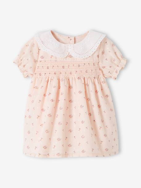 Bébé-Robe à smocks cérémonie naissance col en broderie anglaise