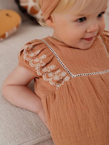 Ensemble brodé bébé :  blouse + short + bandeau en gaze de coton caramel 2 - vertbaudet enfant 