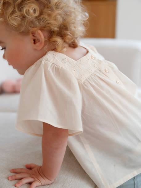 Blouse encolure carrée en broderie anglaise bébé écru+framboise+vert sauge 1 - vertbaudet enfant 