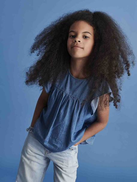 Blouse en denim léger fille manches courtes à volant  - vertbaudet enfant