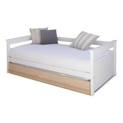 Chambre et rangement-Chambre-Lit gigogne Izao - AKITEN RETAIL - Blanc et bois - 90x190 cm - Bois massif - Sommier à lattes - 2 matelas inclus