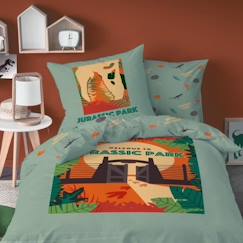 Linge de maison et décoration-Linge de lit enfant-Housse de couette-Housse de couette et taie d'oreiller 100% coton JURASSIC WORLD - WELCOME - Vert - Naturelle - Chambre