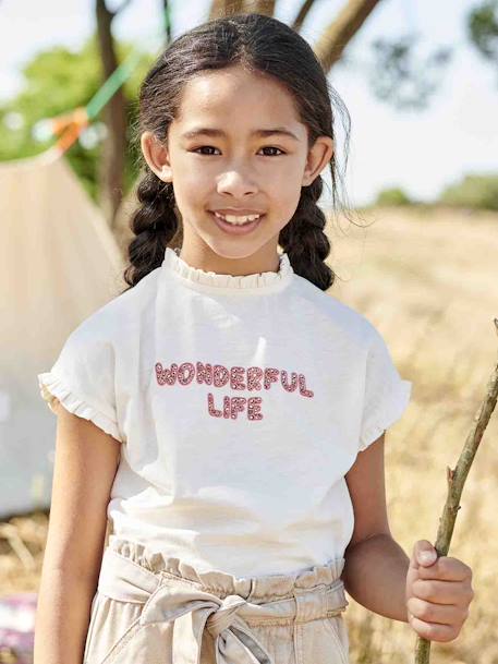 Fille-T-shirt, sous-pull-T-shirt-Tee-shirt message léopard fantaisie fille manches courtes à volants