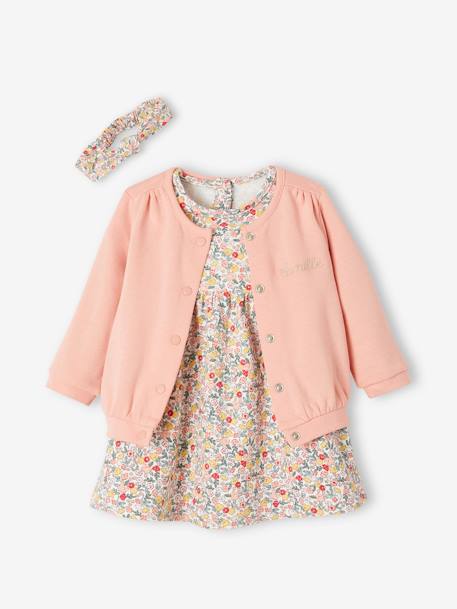 Ensemble 3 pièce robe + cardigan + bandeau bébé fille corail+ivoire imprimé 9 - vertbaudet enfant 