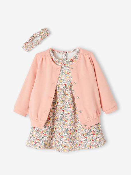 Ensemble 3 pièce robe + cardigan + bandeau bébé fille corail+ivoire imprimé 2 - vertbaudet enfant 