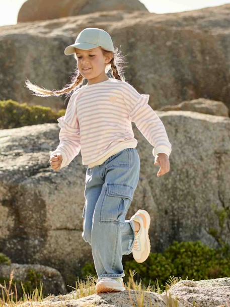 Sweat marinière fille manches à vollants bleu jean+lilas+rayé rose 10 - vertbaudet enfant 