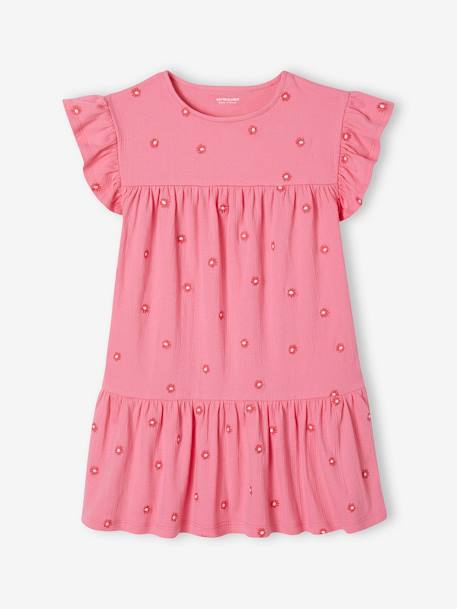 Robe brodée fleurs fille en maille froissée rose bonbon 1 - vertbaudet enfant 