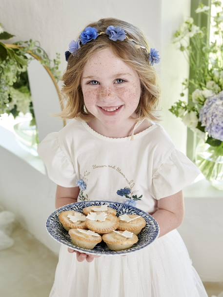 Fille-T-shirt, sous-pull-Tee-shirt couronne fleurs en relief et paillettes fille