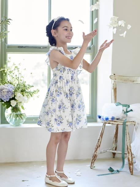 Robe cérémonie à volants motifs fleurs fille bleu imprimé+vanille 1 - vertbaudet enfant 