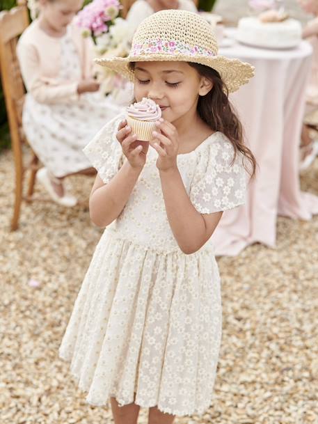 Chapeau aspect paille effet crochet avec ruban imprimé fille rose pâle 6 - vertbaudet enfant 