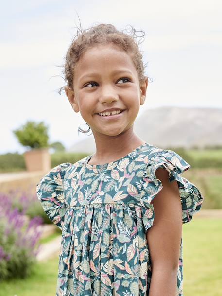 Robe imprimée fille manches courtes à volants écru+rose pâle+vert sapin 11 - vertbaudet enfant 