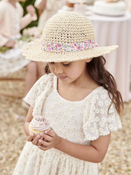 Chapeau aspect paille effet crochet avec ruban imprimé fille rose pâle 2 - vertbaudet enfant 