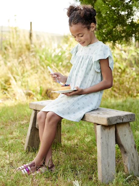 Robe imprimée fleurs en gaze de coton fille bleu grisé+écru+rose 2 - vertbaudet enfant 