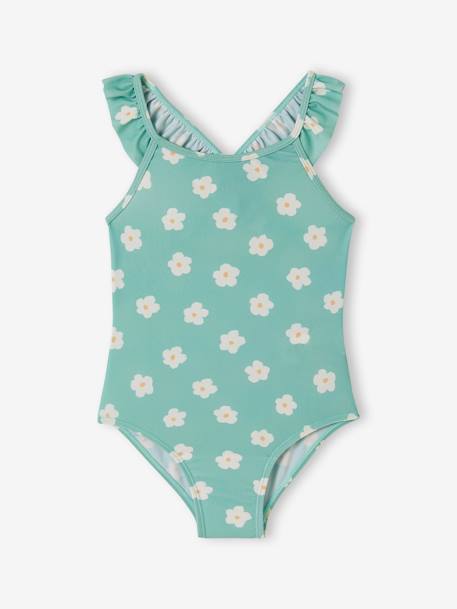 Maillot de bain 1 pièce imprimé fleurs fille vert d'eau 1 - vertbaudet enfant 