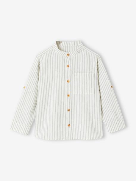 Chemise col Mao rayée en coton/lin garçon manches retroussables rayé vert 1 - vertbaudet enfant 