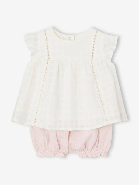 Bébé-Ensemble-Ensemble robe brodée et bloomer en gaze de coton naissance