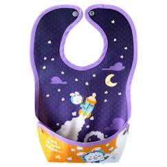 Puériculture-Repas-Bavoir Malin® "Robin le lapin va sur la lune" - Pour les Bébés de 6 mois et plus. Coton Enduit PVC Imperméable avec Poche Amovible.
