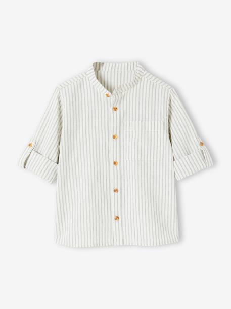 Chemise col Mao rayée en coton/lin garçon manches retroussables rayé vert 2 - vertbaudet enfant 