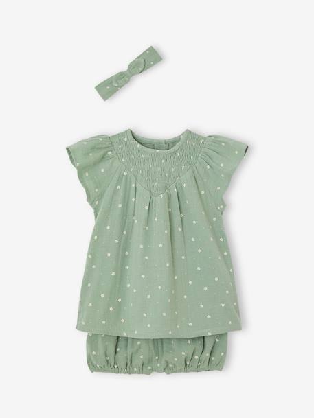 Bébé-Ensemble-Ensemble en gaze de coton : robe + bloomer + bandeau bébé