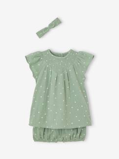 -Ensemble en gaze de coton : robe + bloomer + bandeau bébé