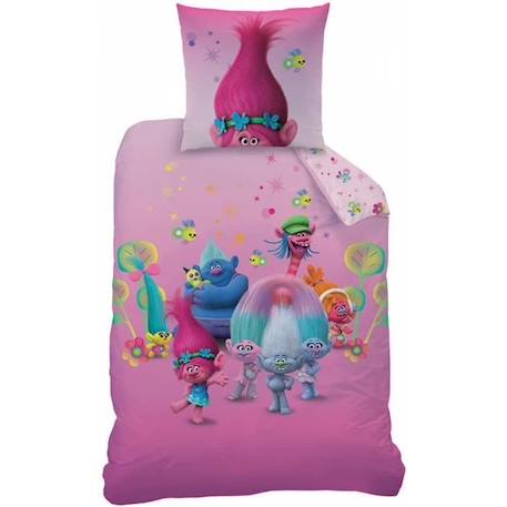 Housse de Couette Trolls and Friends 150 x 200 cm + taie d'oreiller 63 x 68 cm ROSE 1 - vertbaudet enfant 