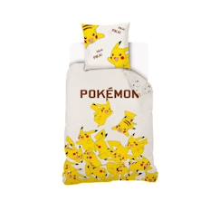 Linge de maison et décoration-Linge de lit enfant-Housse De Couette Pikachu Pokémon 140x200 cm + 1 Taie d'oreiller 63x63 cm - 100% Coton - Ecru