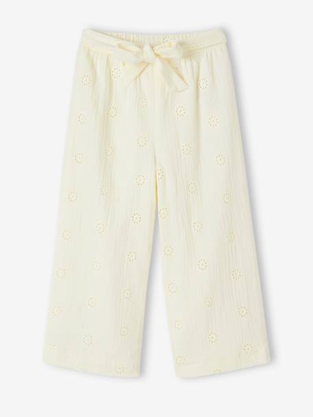 Fille-Pantalon large brodé fleurs en gaze de coton fille