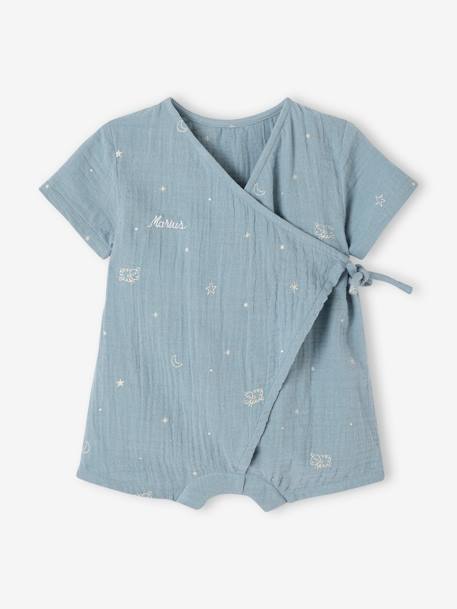 Pyjashort en gaze de coton bébé personnalisable bleu grisé+écru 1 - vertbaudet enfant 