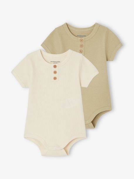 Lot de 2 bodies ouverture devant bébé en maille nid d'abeille coton biologique olive 1 - vertbaudet enfant 