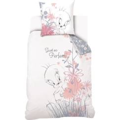 Linge de maison et décoration-Linge de lit enfant-Looney Tunes - Housse De Couette Titi Enfant Fille 140x200 + Taie d'oreiller 63x63cm - Parure De Lit 1 Personne - Blanc - 100% Coton