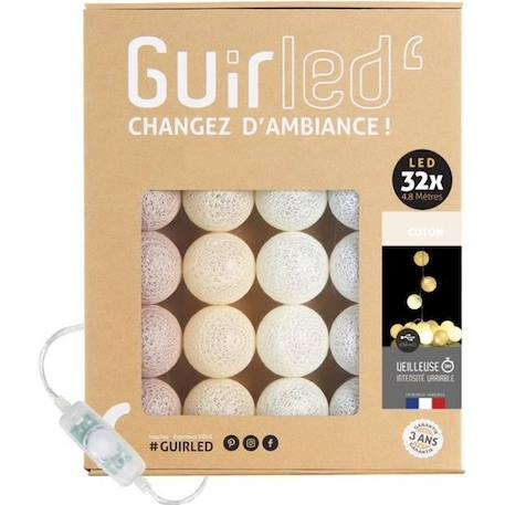 Guirlande lumineuse boules coton LED USB - Veilleuse bébé 2h -  3 intensités - 32 boules 3,2m - Coton BEIGE 1 - vertbaudet enfant 