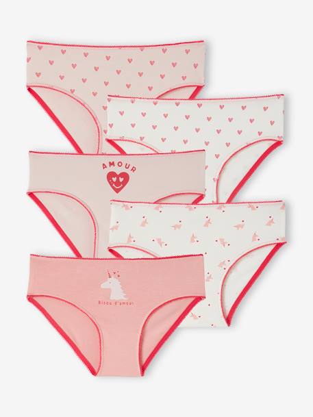 Fille-Sous-vêtement-Lot de 5 culottes coeurs et licornes fille en coton bio