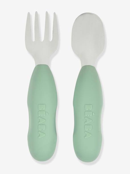 Lot de 2 pré-couverts d’apprentissage 2e âge BEABA en inox et silicone Sage green+Velvet grey 2 - vertbaudet enfant 