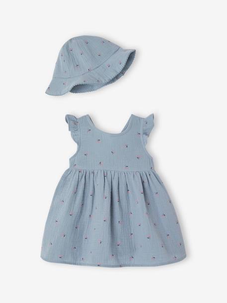 Bébé-Ensemble robe et bob naissance en gaze de coton