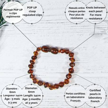 Bracelet d'ambre - Bébé/Nourrisson -Cognac -Soulage les poussées dentaires -Pierres naturelles -Idée cadeau -Puériculture - Bienfait MARRON 4 - vertbaudet enfant 