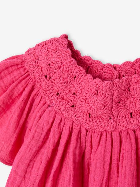 Blouse en gaze de coton bébé encolure en crochet fuchsia 4 - vertbaudet enfant 