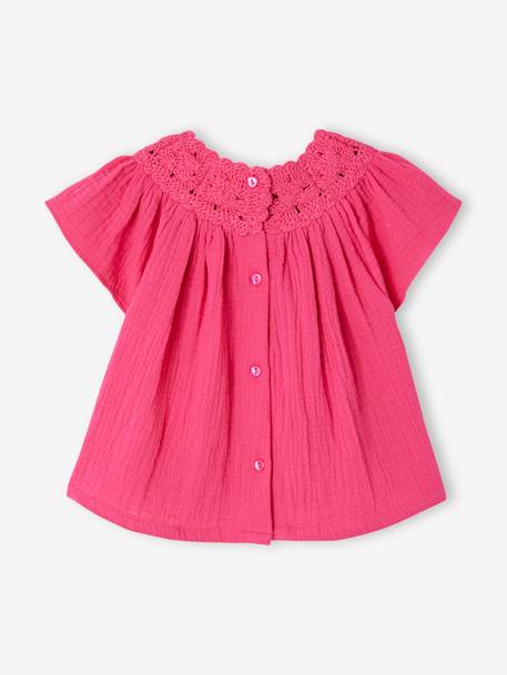 Blouse en gaze de coton bébé encolure en crochet fuchsia 3 - vertbaudet enfant 