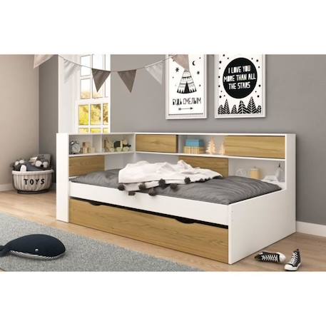 Lit gigogne - AKITEN RETAIL - Lit Cosy Play - Blanc et bois - 90x190 cm - Sommier à lattes - Avec tiroirs BLANC 2 - vertbaudet enfant 