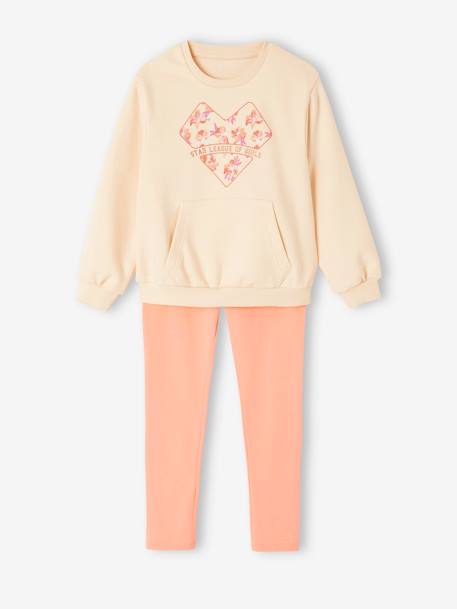 Ensemble de sport sweat motif coeur et legging technique fille écru+pêche 1 - vertbaudet enfant 