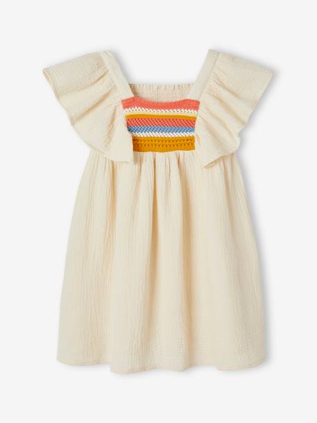 Robe en gaze de coton détail fantaisie en crochet fille écru 1 - vertbaudet enfant 