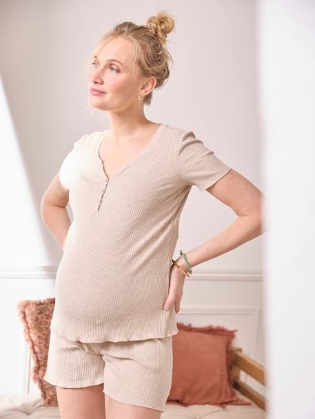 Ensemble 2 pièces pyjama short grossesse et allaitement maille côtelée beige chiné 5 - vertbaudet enfant 