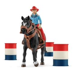 Jouet-Jeux d'imagination-Figurines, mini mondes, héros et animaux-Figurine Cowgirl et Tonneaux de Racing et Cheval Schleich - Animaux de la Ferme et Accessoires Western Réalistes - Coffret 7 Pièces