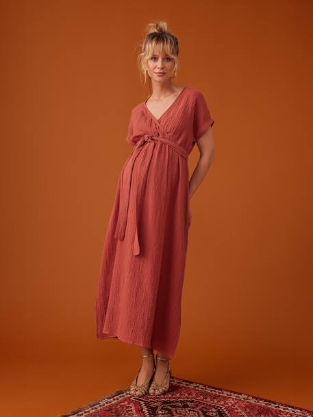 Robe longue grossesse effet cache-coeur en gaze de coton ENVIE DE FRAISE marine+terracotta 9 - vertbaudet enfant 