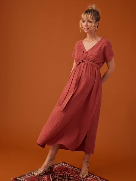 Robe longue grossesse effet cache-coeur en gaze de coton ENVIE DE FRAISE marine+terracotta 5 - vertbaudet enfant 