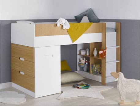 Lit mi-hauteur avec bureau et rangement 90x190 OPUS - Blanc/Bois MULTICOLORE 3 - vertbaudet enfant 