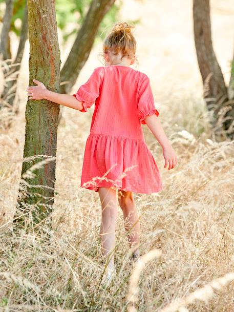 Robe boutonnée en gaze de coton bleu grisé+écru+rouge 18 - vertbaudet enfant 