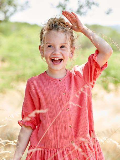 Robe boutonnée en gaze de coton bleu grisé+écru+rouge 17 - vertbaudet enfant 